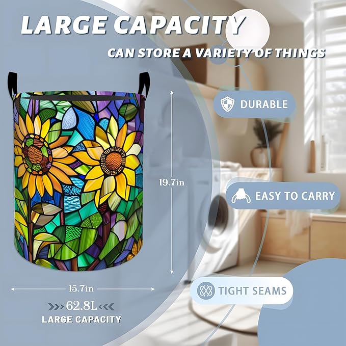 Stained Glass Style Sunflower Art Laundry Basket with Handles, 19.7"x15.7" Clothes Foldable Laundry Hamper Organizer for Dorm Nursery Bedroom Bathroom Decor, Toy Storage Bin for Kids