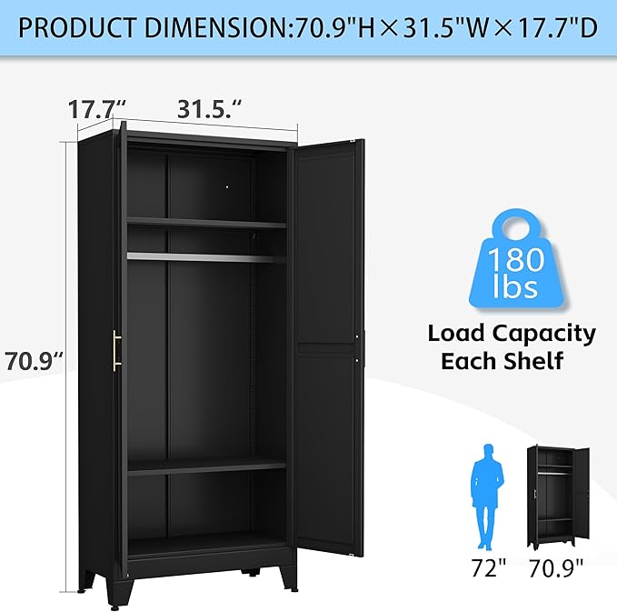 71 "Metal Armoire Wardrobe Closet, Steel Clothing Storage Cabinet with Adjustable Shelves and Hanging Rod, Household Steel Wardrobe Storage Cabinet with Adjustable Standing feet（Black）