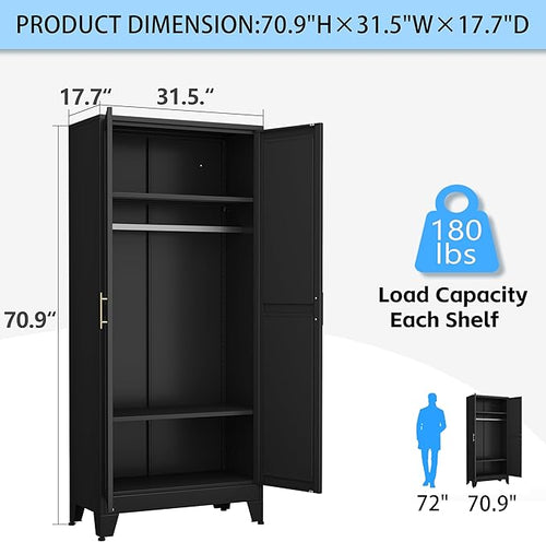 71 "Metal Armoire Wardrobe Closet, Steel Clothing Storage Cabinet with Adjustable Shelves and Hanging Rod, Household Steel Wardrobe Storage Cabinet with Adjustable Standing feet（Black）
