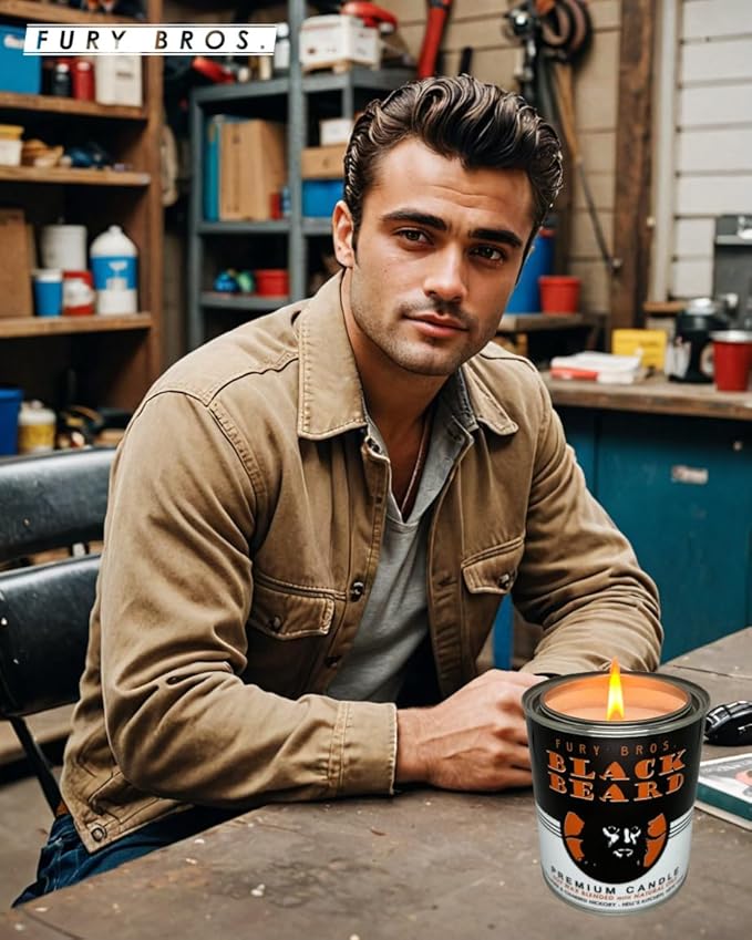 Fury Bros. Scented Candles for Men | Black Beard | Gunpowder & Charred Hickory | Natural Soy Wax | Hand-Poured in the USA | Long 70-80 Hour Burn (12.5 oz) | Vintage-inspired Tin Design | Dad Home Gift