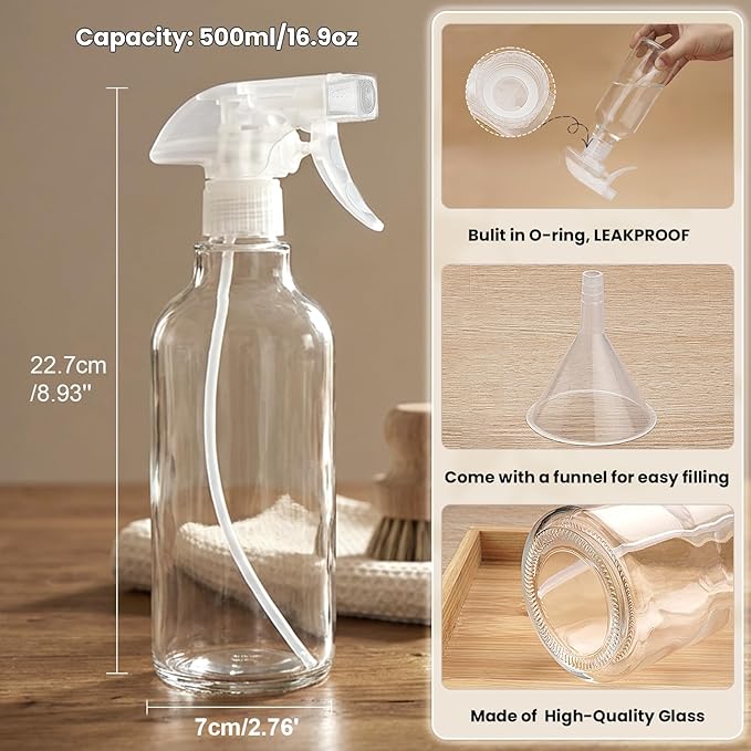 Hethyo Glass Spray Bottles 16.9oz Empty Spray Bottle Mist/Stream Spraying Small Refillable Containers for Hair Care, Cleaning Solutions, Plants, Essential Oils 2 Pack (Clear, 16.9oz)