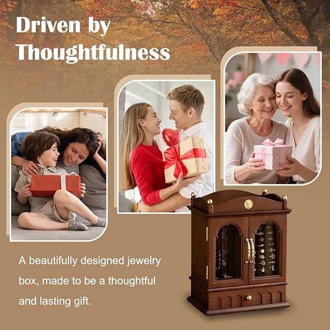 KINTNESS Magic House Style Black Walnut Wooden Jewelry Box - Solid Wood Large Jewelry Organizer with Secret Compartment for Women Girls, Jewelry for Bracelet, Necklace, Ring
