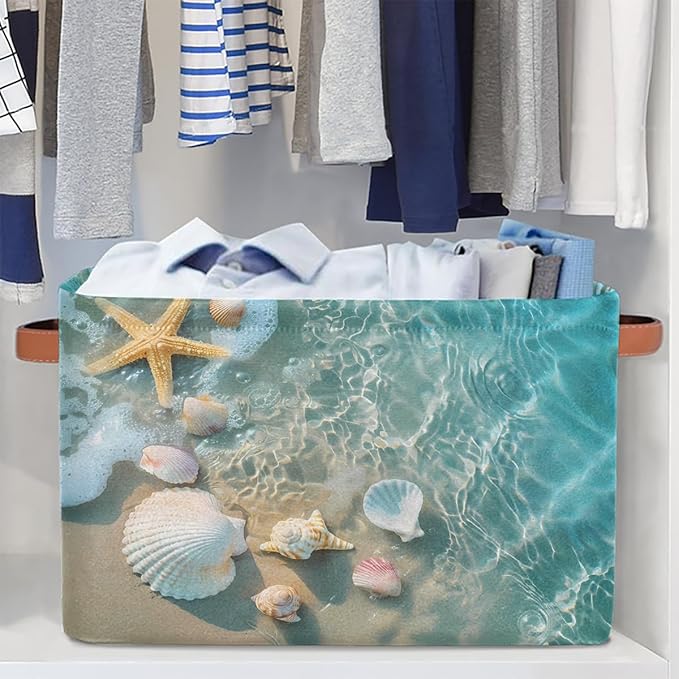 Beach Starfish Seashell Storage Basket for Shelves, Storage Bins with Handles, Collapsible Basket for Organizing, Closet Toy Baskets for Nursery Room, 15x11x9.5 in, Canvas, Ocean Animal