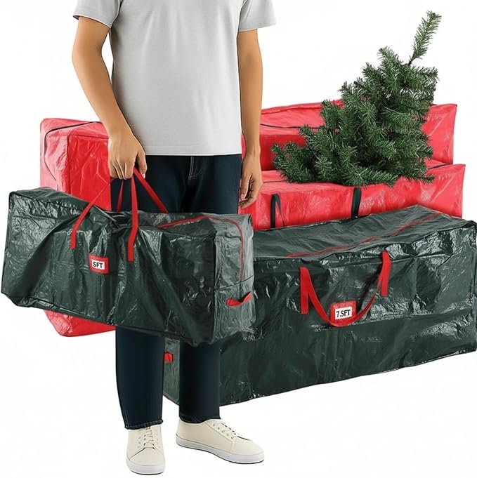 Amylove 4 Pcs Large Christmas Tree Storage Bags Heavy Duty Xmas Zippered Bags Bulk Waterproof Plastic Christmas Tree Container with Carry Handles(9 Ft/ 7.5 Ft/ 4.5 ft,Red/Green)