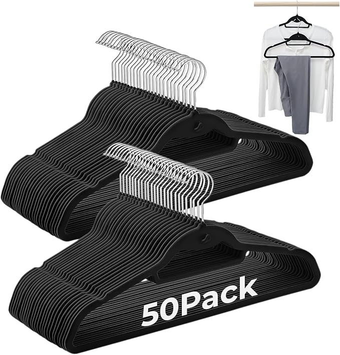 Limogoo Black Velvet Hangers 50 Pack, Felt Covered Non Slip Fabric with Stackable Cascading Hook, Ultra Thin and Space Saving with 360° Swivel Neck, 15Lbs Capacity for Clothes, Suit, Shirt, Coat