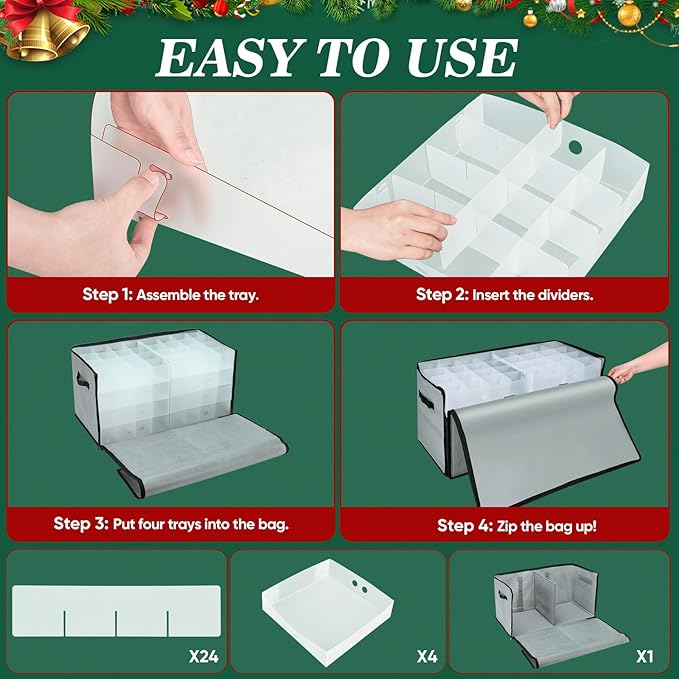 BALEINE Christmas Ornament Storage Box with Dividers, Premium Holiday Ornaments Storage Container Bin for Xmas Decorations (128 Ball, Green, Soft)