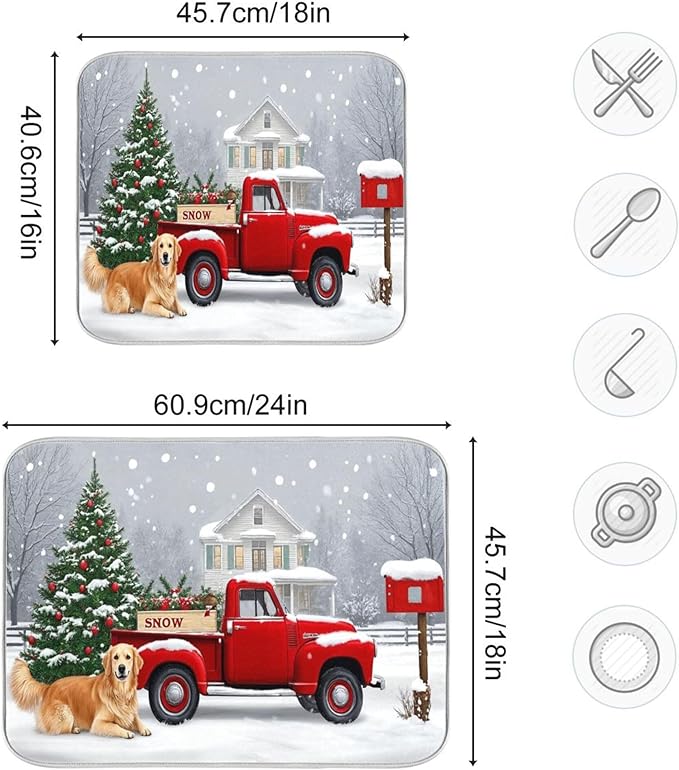 Christmas Tree Truck Dish Drying Mat for Kitchen Countertop 16x18 Winter Snow Poinsettia Golden Retriever Small Drying Mat Reusable Quick Dry Dish Sink Mats Easy Clean Decorative Essentials