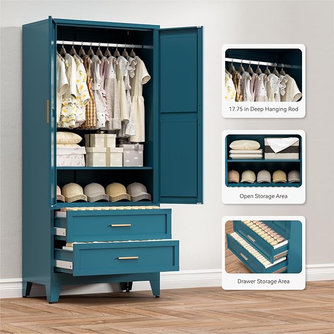 COFaR Metal Wardrobe Closet with Doors, 71'' Tall Farmhouse Bedroom Armoires with Drawers and Hanging Rod, Freestanding Steel Wardrobe Cabinet Coat Closet for Bedroom Home Office Garage, Peacock Blue