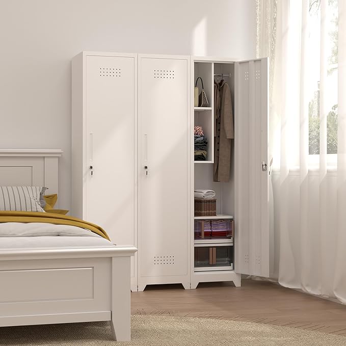 Slim Broom Closet Storage Cabinet, 65" H Metal Cabinets with Locking Door and Shelves & S-Hooks, Utility Closet, Narrow Storage Cabinets for Home Office, Pantry, Bathroom, Garage, White