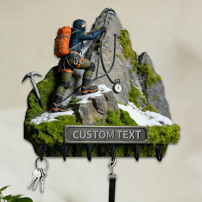 Personalized Name Climber Wall Hooks for Men Women Couple Family Mountaineering Enthusiasts Custom 2D Flat Print Mountaineer Themed Key Holder Mountain Theme Key Rack for Living Room Hallway Office