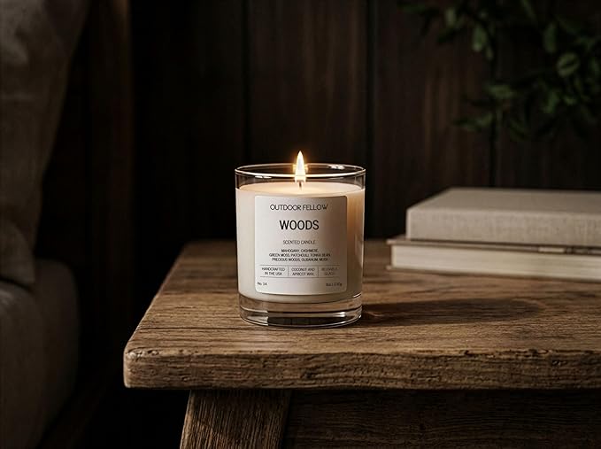 Outdoor Fellow Woods Scented Candle, 8oz, Coconut & Apricot Wax Blend, Mahogany, Cashmere, Patchouli, Tonka Bean, 40-50 Hour Burn Time, Earthy Home Fragrance