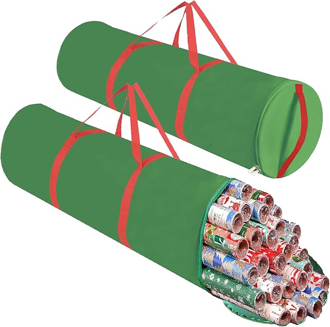 OUTTDID Christmas Wrapping Paper Organizer Storage, 41" Gift Wrapping Paper Storage Containers, 600D Oxford Fabric Gift Wrap Paper Holder Fits 18-25 Rolls, with Handles and Zippered, Green