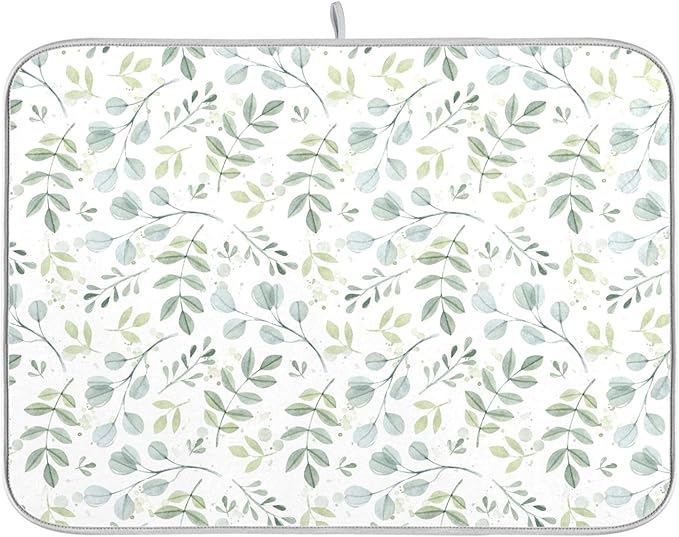Eucalyptus Leaves Dish Drying Mat for Kitchen Countertop 16x18 Green Small Drying Mat Reusable Quick Dry Dish Sink Mats Easy Clean Decorative Essentials