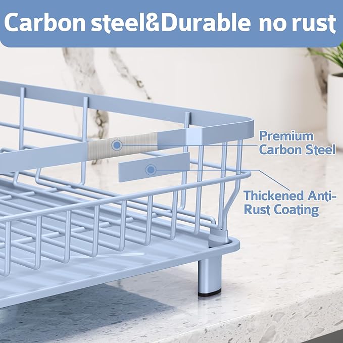 Ricobes Dish Drying Rack - Space Saving Dish Rack - Dish Racks for Kitchen Counter with Drainboard,Rustproof Dish Drainer with Removable Utensil Holder,Blue