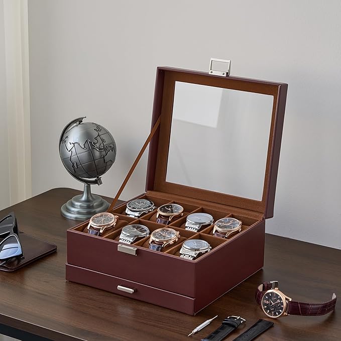 ProCase Watch Case, 8 Slot Mens Watch Box Holder Organizer with Glass Lid, 2-Layer Watches Display Case, Mens Jewelry Box with Drawer, Birthday Valentine Gifts for Men Women -8 Slot, Espresso