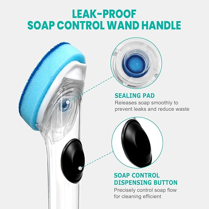 HELIME Dishwand Refills, Non-Scratch Replacement Sponge Heads for Dish Wand, Leak-Proof Handle with Heavy-Duty Scrubbers, Universal Compatible Soap Dispensing Brush for Kitchen, Bathroom Cleaning