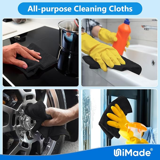 UNIMADE Microfiber Cleaning Cloth, 10 Pack Reusable Microfiber Towels for Cars Lint Free Cleaning Shop Towel Rags for Home Kitchen Automotive Bar Mechanic Restaurant Garage, 11.5"x 11.5", Black