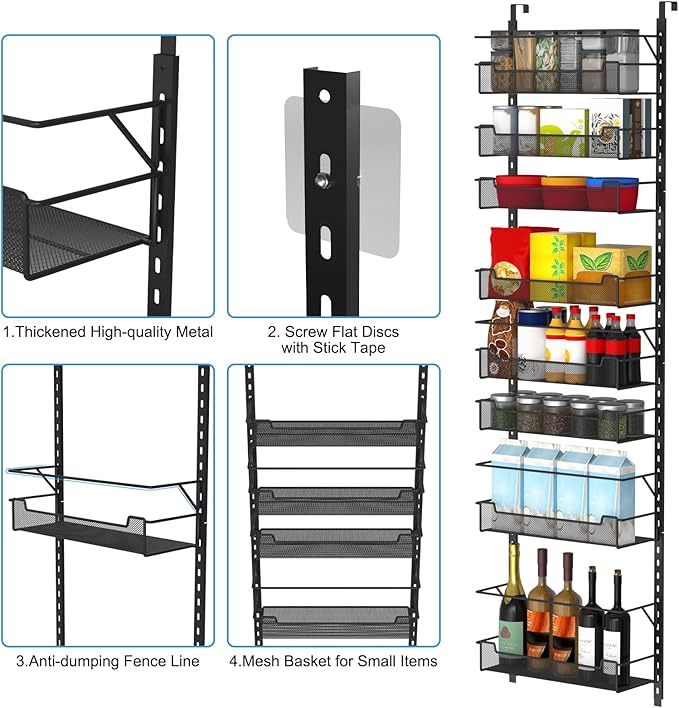 VyGrow Over the Door Pantry Organizer, 8-Tier Over the Door Organizer with Adjustable Basket, Pantry Door Organization for Pantry Kitchen Storage Room Spice Rack, Black
