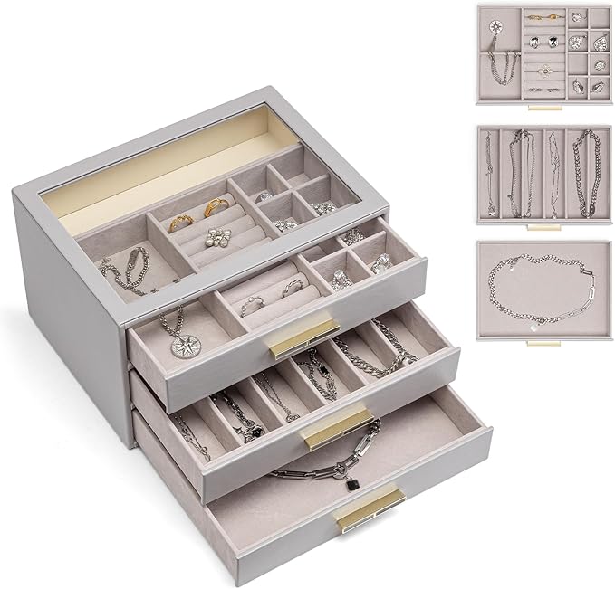Vlando Jewelry Box for Women,Jewelry Box&Organzier,3-Layer Jewelry Holder Organzier,Glass Lid Jewelry Storage for Gem Diamond Necklaces Rings Earrings Bracelets Grey