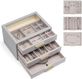 Vlando Jewelry Box for Women,Jewelry Box&Organzier,3-Layer Jewelry Holder Organzier,Glass Lid Jewelry Storage for Gem Diamond Necklaces Rings Earrings Bracelets Grey