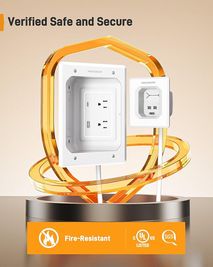 Perlegear TV in-Wall Cable Management Kit, USB and Typ C Ports Cord Hider for Wall Mount TV with Recessed Power, Includes Drill Templates, Dust Bags, Drywall Saw, Extension Cable