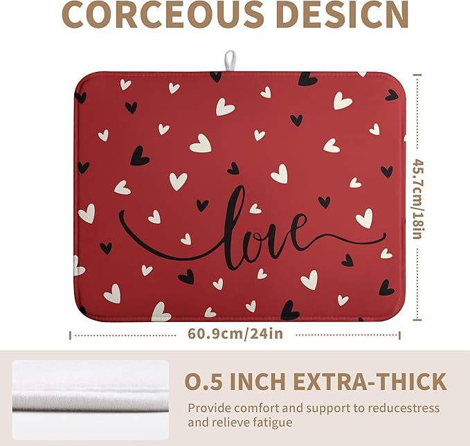Wnoesat Valentine Dish Drying Mat for Kitchen Counter Valentines Day Red Black Love Heart Holiday Drying Mats Absorbent Microfiber Dish Draining Mat Extra Large Dish Rack Pad 18x24 Inch
