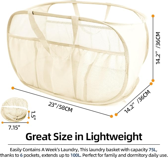 Collapsible Laundry Baskets, Upgrade Pop Up Laundry Hamper with Convenient Bags, Foldable Laundry Basket Mesh Light Weight, Easy to Carry Clothes Hampers for Laundry, Dorm, Toys, Travel Beige