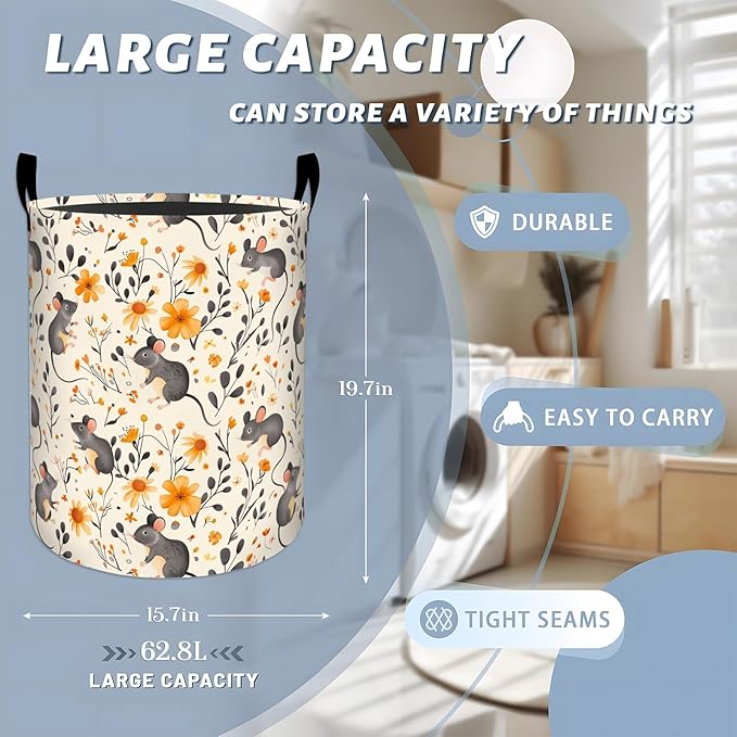 Playful Mouse and Yellow Flowers Laundry Basket with Handles, 19.7"x15.7" Clothes Foldable Laundry Hamper Organizer for Dorm Nursery Bedroom Bathroom Decor, Toy Storage Bin for Kids
