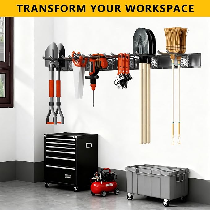 Tebgeag Garage Tool Organizer Wall Mount, 48inch Heavy-Duty Garage Storage System and Garden Tool Organizer with 7 Adjustable Hooks for Shovel, Snowboard, Yard Tools and Shed