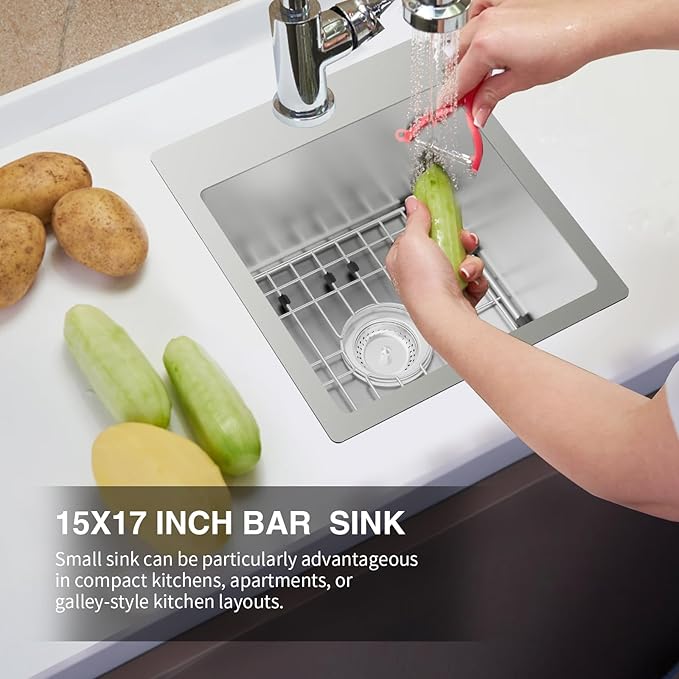 Kitchen & Bar Sink,15x17 Inch Bar Sink Stainless Steel Drop In Small Kitchen Sink Ideal Choice For Small Spaces Topmount Sink With Bottom Grid,Soap Mat And Drain Assembly Serve Both Kitchen And Bar