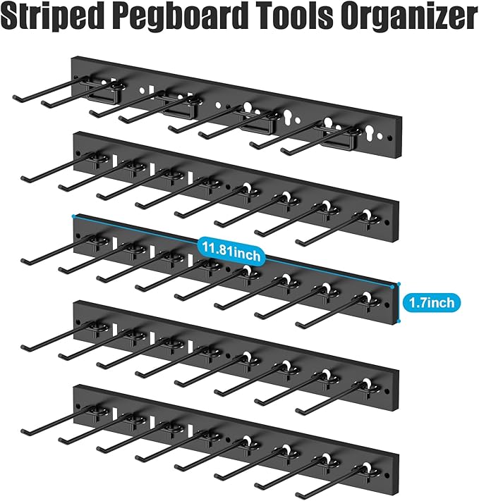 CCCEI 5 Modular Pegboard Strip Storage, Metal Peg Slat Wall Mount for Garage, Basement, Garden, Laundry Room Organization. Flexible Tool Organizer for Rake, Shovels, Crafting. Gifts for Men, Red.