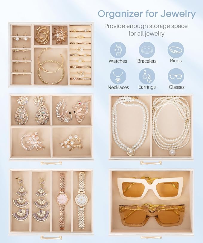 Jewelry Box with 4 Drawers: Display Organizer for Earrings Necklaces - Christmas Gifts for Girls Women (White)