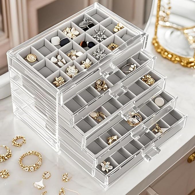 SPAKOWN Earring Organizer, Acrylic Jewelry Box with 5 Drawers, Clear Velvet Earring Storage Display Case with 90 Compartments for Women Girls (Grey)