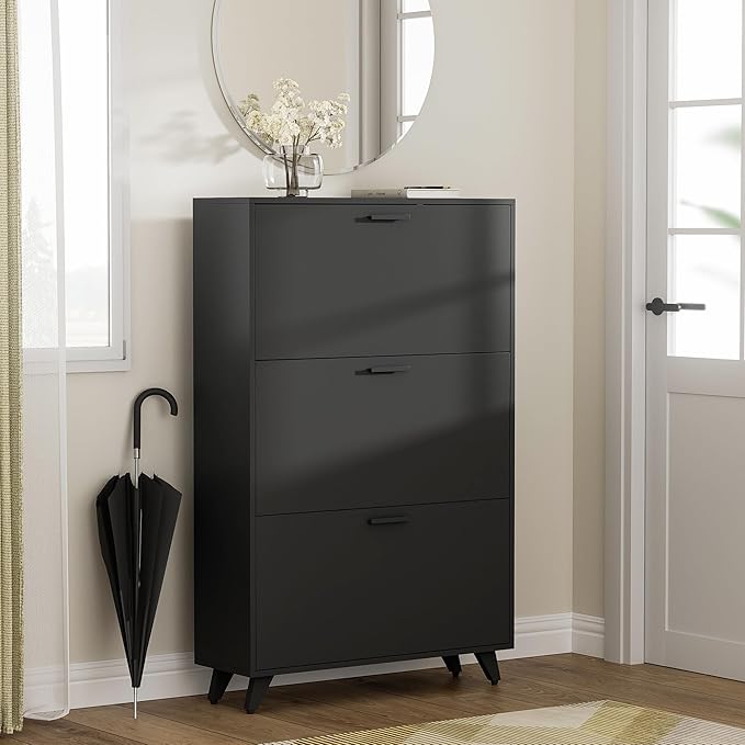 Black Shoe Storage Cabinet - Fit up to Size 16, 3 Flip Drawers, Wooden Organizer for Entryway, Closet, Living Room