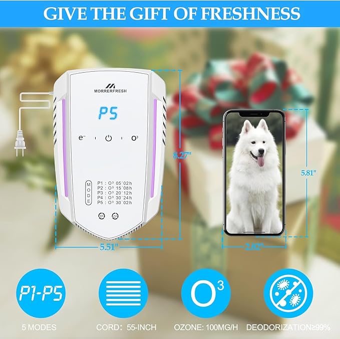 Morrerfresh Cat Litter Deodorizer Air Ionizer Ozone Generator Odor Eliminator for Home Pets Litter Box Room Toilet Garage Air Purifier or Car, Rooms, Smoke 99% Pets Poof Odor Eliminator Odor Removal