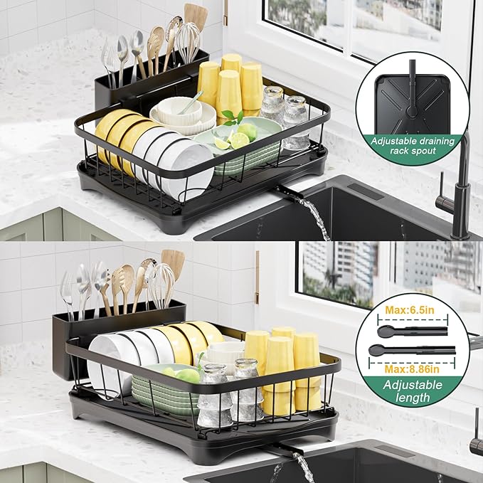 LIYI Dish Drying Rack,Adjustable Spout Design,Kitchen Dish Racks,Made of Iron Material,with Removable Draining Board,Suitable for Kitchen and Caravan Use Scenarios,Black