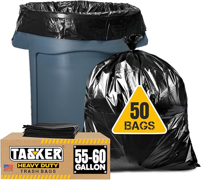 Tasker Contractor Garbage Bags 55 Gallon | Value 50 Trash Bags w/Ties | Extra Large Industrial Trash Bags 55 Gallon, Lawn and Leaf Bags, Extra Large Outdoor Contractor Trash Can Liners, 50-60 Gallon