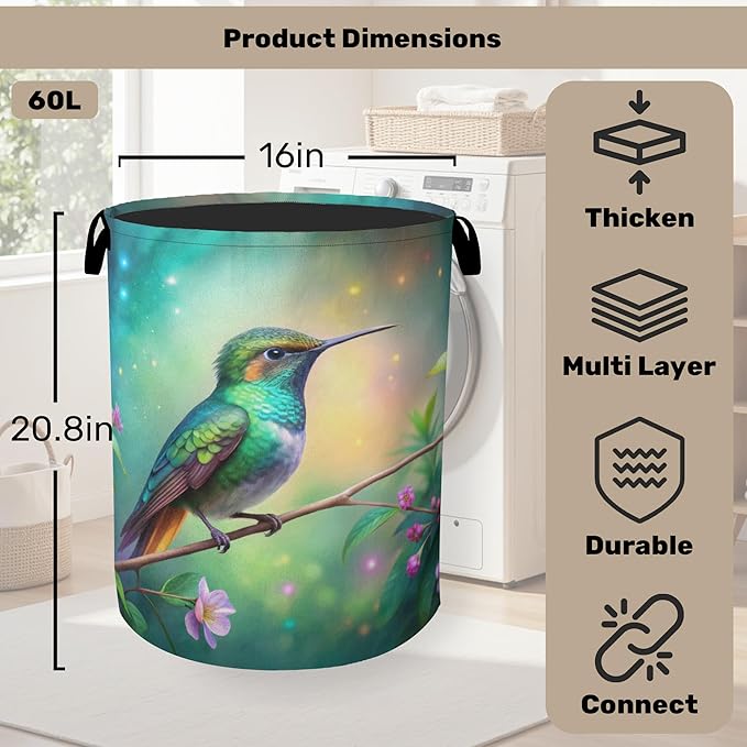 Hummingbird Laundry Basket - Heavy Duty 60L Laundry Hamper, Water Resistant Foldable Dirty Clothes Organizer for Men Women