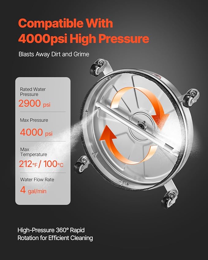 VEVOR 18" Pressure Washer Surface Cleaner, Stainless Steel Pressure Washer Attachments with 4 Wheels, 4000 Max PSI, 1/4 Quick Connector, 2 Spray Nozzles, 2 Extended Wands for Concrete, Patio, Deck