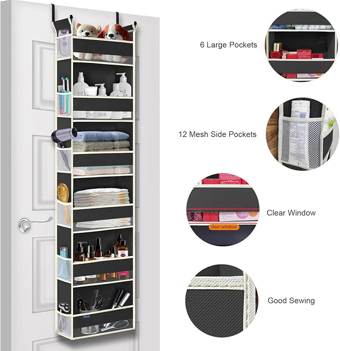 roomtalk 2 Pack Over The Door Hanging Organizer - 6 Shelves & 12 Side Pockets, Over The Door Storage for Baby Accessories & Children's Toys (13"x5"x54", Black)