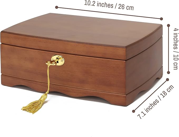 Wooden Jewelry Box with Lock & Key for Women, Medium Size Real Natural Wood Lockable Antique Organizer with Large Storage, Big Ring Compartments, Built in Necklace Hooks, Brown