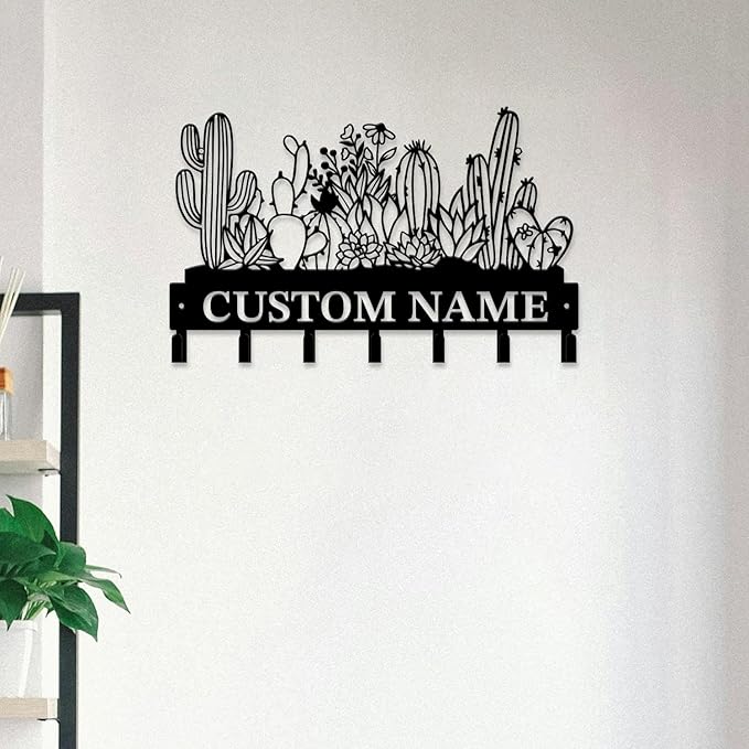 Personalized Custom Name Cactus Wall Keys Hooks,Metal Cactus Art Clothes Hooks,Metal Cactus Lover Wall Home Storage Decorative,For Front Door, Hallway, Kitchen, Bedroom,Keys,Hats (Style D)