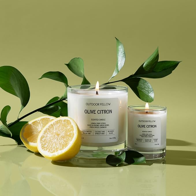 Outdoor Fellow Olive Citron Scented Candle – Highly Scented 8oz Jar Candle with Lemon, Citrus & Herbs – Non Toxic, Long Lasting Fragrance for Lemon Decor Accent in Home or Kitchen