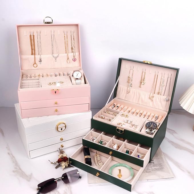 Jewelry Organizer Box for Women, Large Jewelry Organizer with Lock, 3 Tier Storage Box with Velvet Lining, 2 Drawers, Necklace Hooks, Ring Rolls