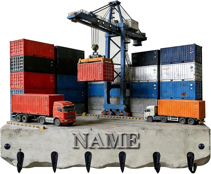 Personalized Wooden 2D Flat Print Container Truck Themed Wall Hooks for Living Room Hallway Office Custom Name Container Crane Coat Rack Port Transportation Key Storage Holder for Women Men Friends