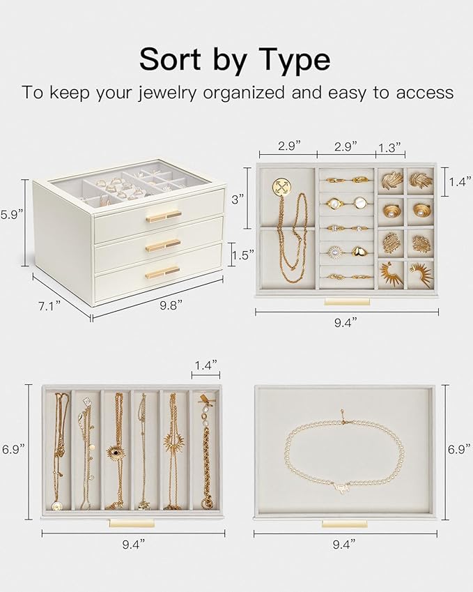 Vlando Jewelry Box for Women, Glass Lid Jewelry Organizer with 3 Drawers for Necklaces Rings Earrings Bracelets Mother Day Gift for Mom - Cloud White