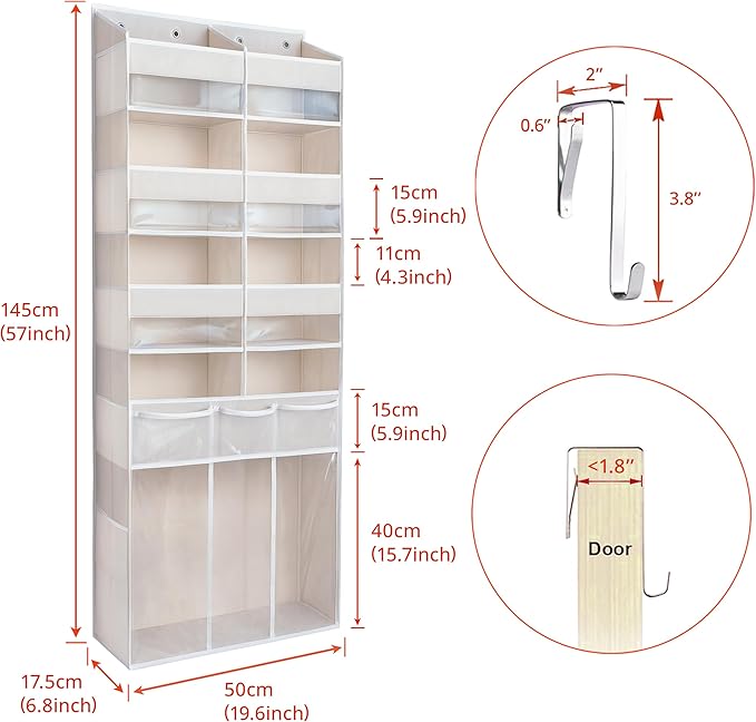 EZVERY Extra Large Over The Door Organizer with Clear Pockets - 8 Compartments & XL Bottom Storage, Heavy-Duty Hanging Organizer for Bathroom, Bedroom, Closet (57 Inch Height).