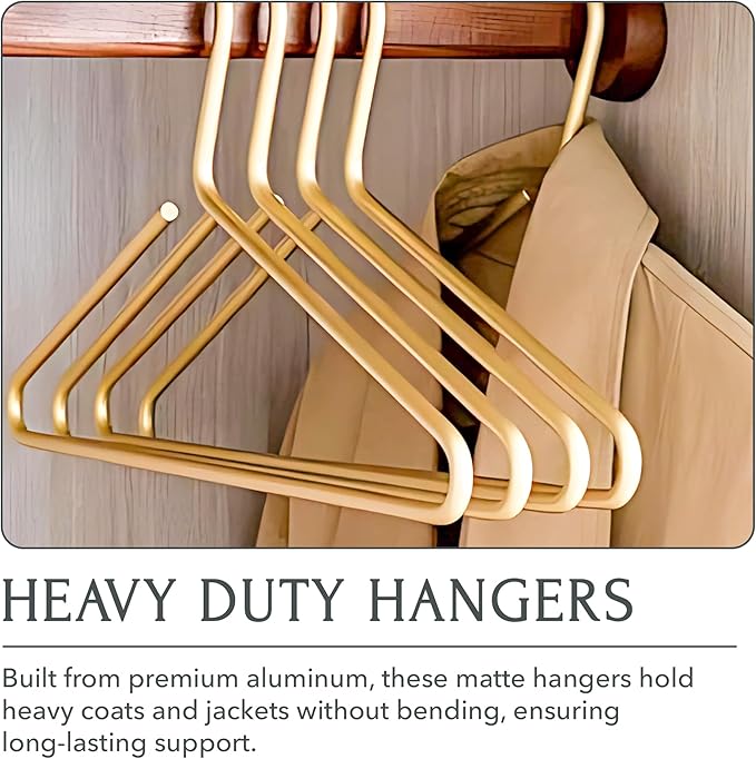 Gold Hangers for Clothes - 17-Inch Matte Gold Metal Hangers for Coats, Jackets, Shirts, Pants, Clothing - Thick, Heavy-Duty Aluminum - Luxury Aesthetic for Closet or Boutique - 5-Pack
