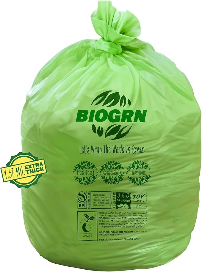 BIOGRN 30-33 Gallon Compostable Trash Bags Flat-Top 30 Bags Heavy Duty1.57 Mil, 124.92 Liter Large Lawn and Yard Waste Bag green for Outdoor Garden ASTM D6400, US BPI and OK Compost Home Certified