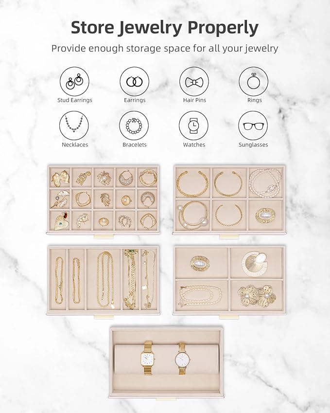 Vlando Jewelry Box Organizer,Large Jewelry Storage for 5 Drawn,PU Leather Jewelry Boxes for Women,Earring Necklace Rings Watch Display Boxes,Wedding Birthday Gift Apricot White